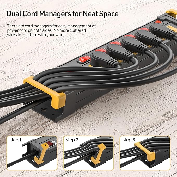 CRST 6-Outlet Heavy Duty Metal Power Strip with Individual Switches, 15A/1875W Wide-Spaced for Bulky Plugs, 6FT Cord with Cable Management, 1020J Surge Protector for Garage, Workshop, Home
