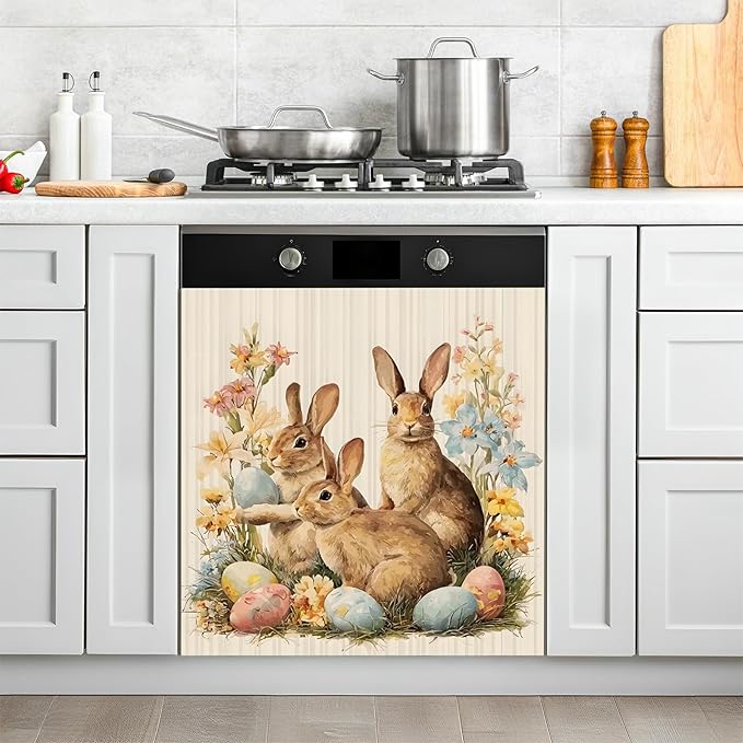 NYZE Easter Dishwasher Magnets Cover, Bunnies Dishwasher Magnetic Sticker Decorative, Reusable Dish Washer Cover for Dishwashers (Three Bunnies)