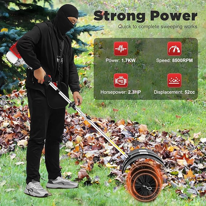 52CC Gas Handheld Sweeper, 2 Stroke 2.3HP Gasoline Power Snow Broom Driveway Turf Brush Outdoor Artificial Lawn Sweeper Cleaner Tools for Driveways Lawns Leaves Street Farms & Snow (Upgraded)