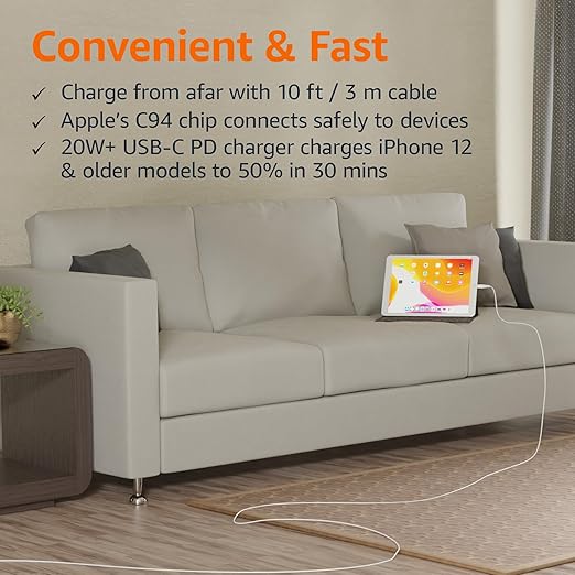 Amazon Basics MFi Certified USB-C to Lightning Fast Charging Cable, Power Delivery, Nylon Braided, 10 ft, White
