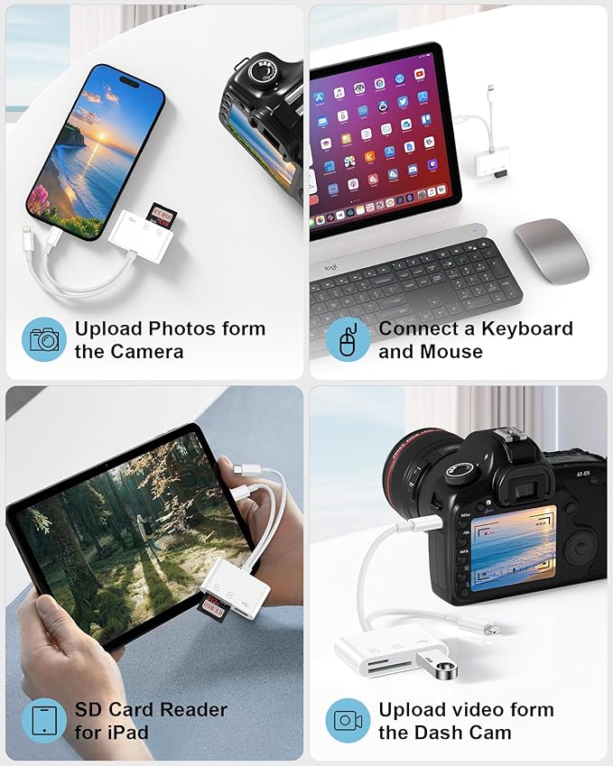 3 in 2 Lightning & USB-C SD Card Reader for iPhone 17 16 Pro Max 15 Plus 14, Dual Port OTG MicroSD Memory Card Reader Dongle Adapter with SD/TF/USB3.0 Slot for Camera iPad Galaxy S25 S24 Mac Air/Pro