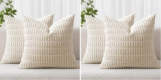 MIULEE Corduroy Throw Pillow Covers - Soft Boho Striped Design | 18x18 Inch Cream White Set of 4 for Modern Home Decor