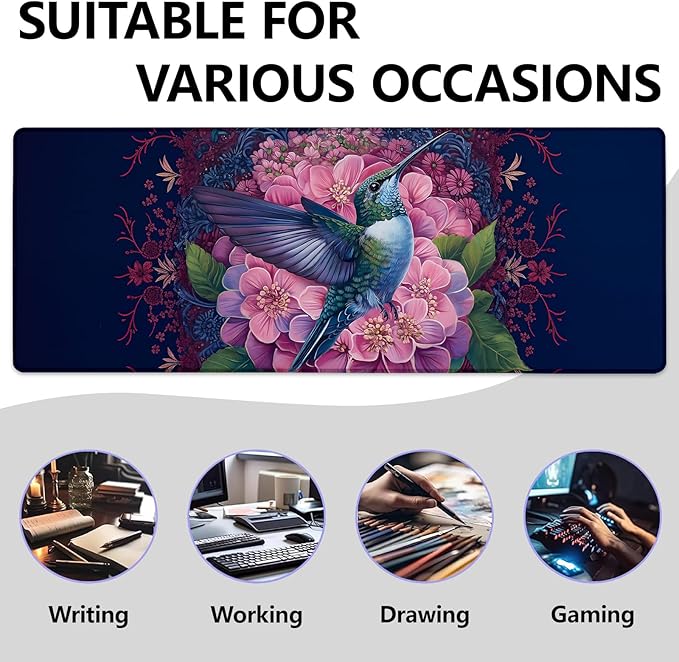 Mounidso Floral and Hummingbird Large Mouse Pad, Gaming Mouse Pad, Keyboard Mat, Non-Slip Rubber Base, Office Accessories, Desk Mat, MousePads for School, Work, Home Decor Gifts 31.5" x 11.8"
