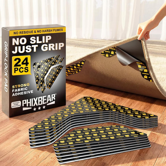 PHIXBEAR Rug Tape - 24 Pcs Strong Hold Anti-Slip Pads | Washable & Reusable No-Glue Silicone Design