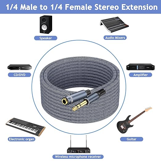 TAISUSAN 1/4 inch 10ft Stereo Headphone Guitar Cable, Male to Female, Quarter inch Headphone Extension