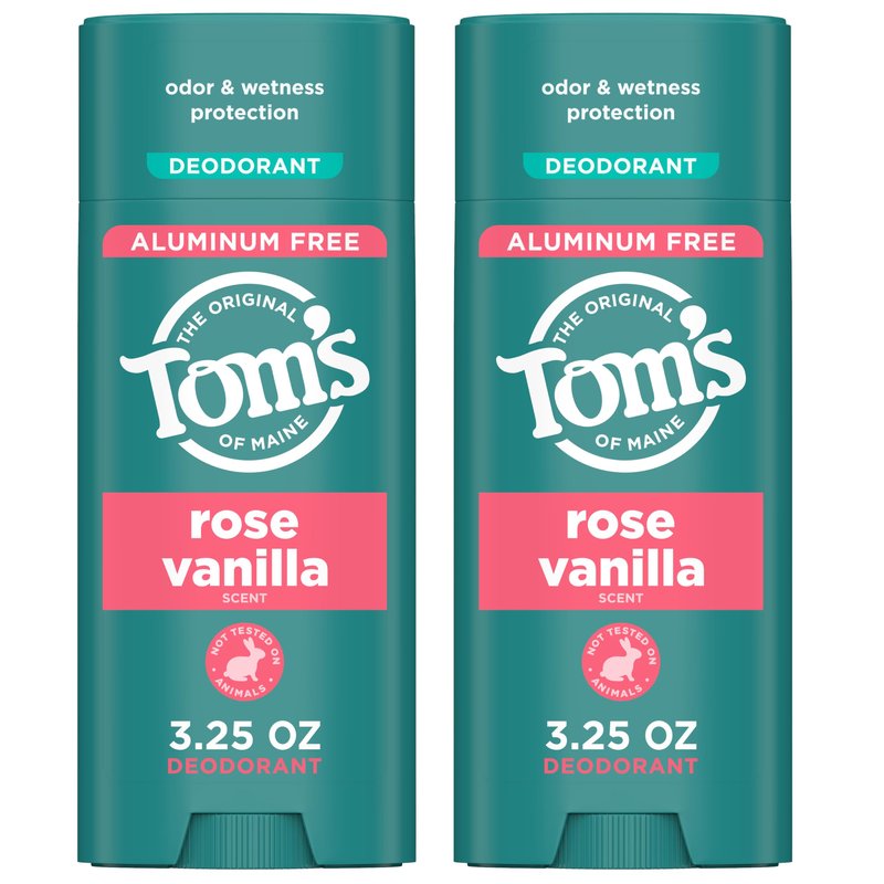 Tom’s of Maine Rose Vanilla Aluminum Free Natural Deodorant For Women & Men | Goes on Clear | Odor & Wetness Protection | Naturally Derived and Moisture-Locking Ingredients | 3.25 oz (2 Pack)