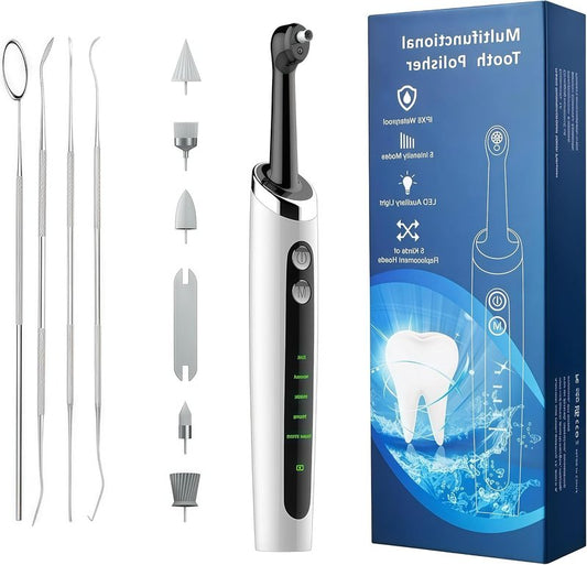Tooth Polisher - LED Plaque Remover with 5 Speed Modes | Teeth Cleaning Kit with 5 Replacement Brush Heads
