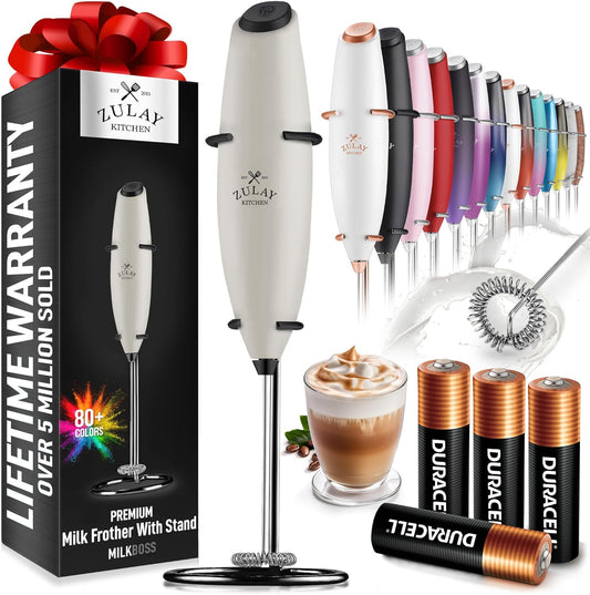 Zulay Kitchen Milk Frother Wand - Ultra-Fast Handheld Electric Whisk for Coffee & Lattes - Gray & Black