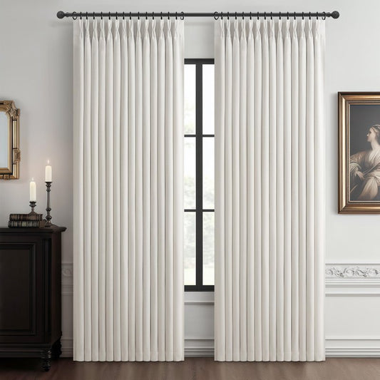 Pleat Viral Linen 90 Inch Blackout Curtains for Bedroom, Pinch Pleated Soundproof Privacy Farmhouse Window Drapes Decor with Hooks Neutral Beige White Nursery/Kids Room Darkening Burg 2 Panels Set