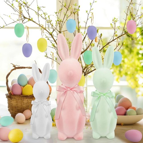 Letsroar Easter Bunny Decor Set - 3 Pack Flocked Bunnies (10", 13", 15") with Plastic Eggs & Grass | Spring Table Centerpiece