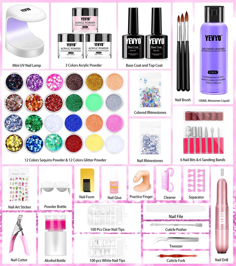 Acrylic Nail Kit with Drill and UV Light, Nail Kit for Beginner with Everything, 24 Glitter Acrylic Powder Monomer Liquid Set with Drill for for Home Nail Salon