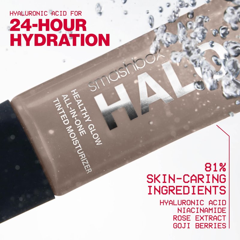 Smashbox Halo Healthy Glow Tinted Moisturizer with SPF 25 | 24-Hour Hydrating Skin Tint with Buildable Coverage and Dewy Finish | Hyaluronic Acid & Niacinamide for Face, Dark Neutral, 0.41 Fl Oz