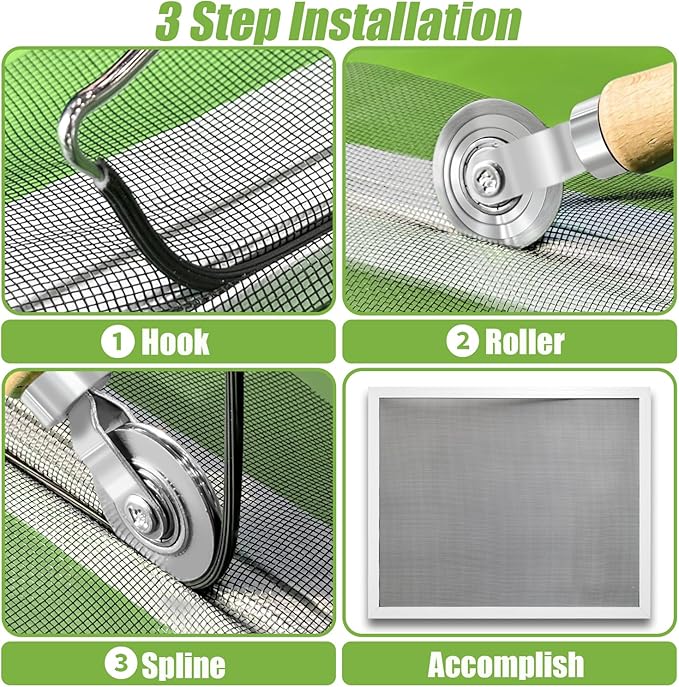King&Charles Screen Repair Kit/Tool, Screen Roller Tool, Steel Roller with Bear, 32 ft Spline, Removal Hook, 3 in 1 Window Repair Kit, for Installing Door Window Mesh.