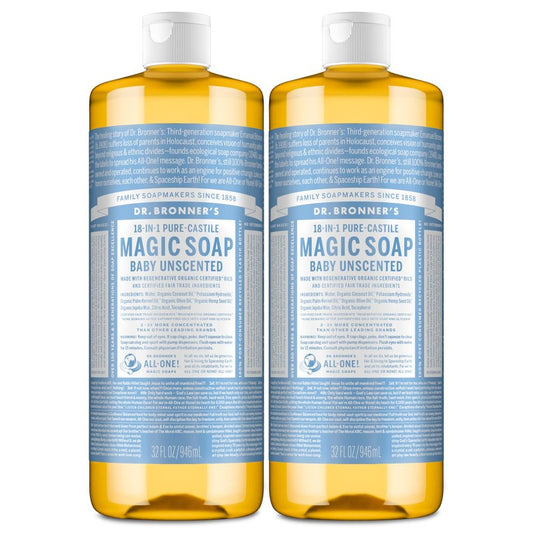 Dr. Bronner's Magic Soap-Pure-Castile Liquid Soap (Baby Unscented, 32 ounce, 2-Pack)-Regenerative Organic Certified Oils, 18-in-1 Uses: Body, Laundry & Dishes, For Sensitive Skin, No Fragrance
