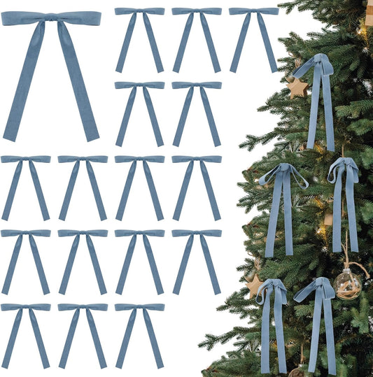 Skiennix Velvet Bows | 24 Pcs Vintage Double-Faced Ribbon Ornaments for Christmas Tree & Wreaths - Dusty Blue (5 x 7 Inch)