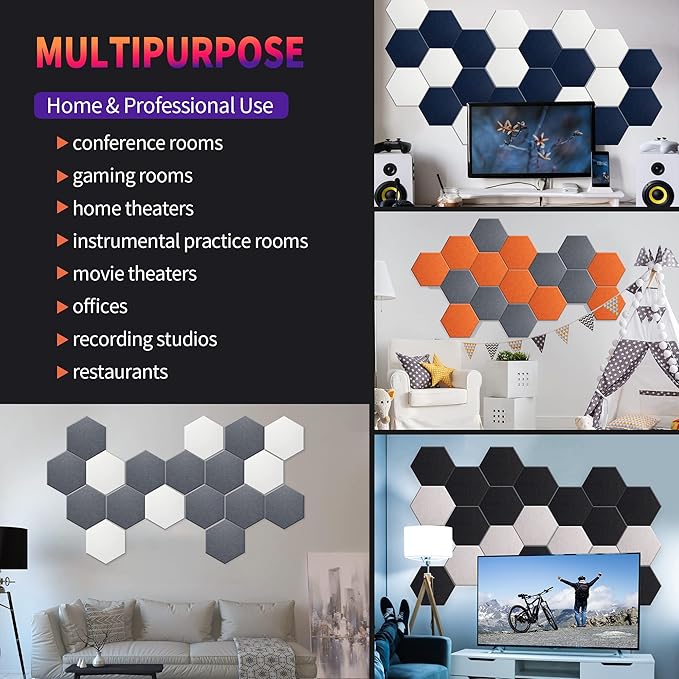 Mollywell Hexagon Acoustic Panels 14x12 - Reduce Echo & Reverb, Noise Blocking Wall Tiles for Studio & Creative Space, Yellow Sound Absorbing Panels