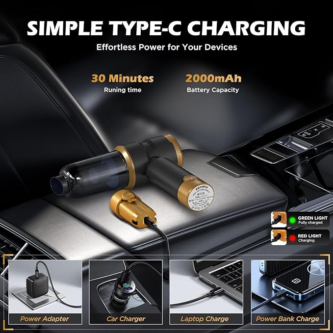 Handheld Car Vacuum Portable Cordless with 2000mAh Battery, 4 in 1 Handheld Vacuum Cleaner and Air Duster ,15000PA Portable Mini Hand Held Vacuum Rechargeable for Home, Car, Office, Pet Hair（Gold）