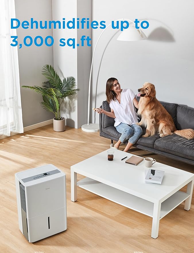 Midea 3,000 Sq. Ft. Dehumidifier for Basement, With Reusable Air Filter 35 Pint - Ideal For Basements, Large & Medium Sized Rooms, And Bathrooms (White)