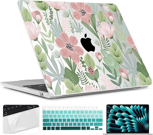 TWOLSKOO Compatible with M4 MacBook Air 15 inch Case 2025-2023 Released Model M4 A3241 M3 A3114 M2 A2941, Plastic Hard Shell & Screen Protector & Keyboard Cover & Trackpad Film, Leaves Flowers X732