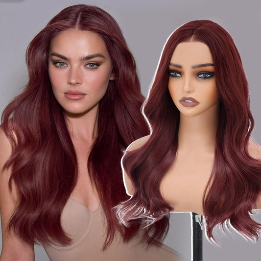 WECAN Wine Red-Synthetic Lace Front Wig Glueless Wig 13X4 Pre Plucked Pre Cut Wavy Wig