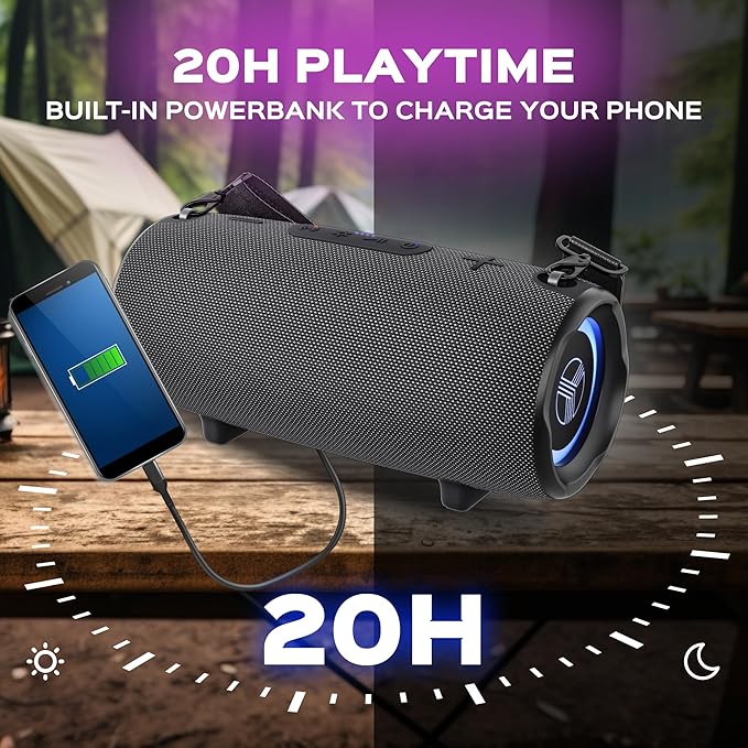 TREBLAB Loud Portable Wireless Bluetooth Speaker, 60W Deep Bass, IPX7 Waterproof Outdoor Speaker, 20H Rechargeable Battery, Built-in Powerbank, TWS Stereo Pairing, Mic, USB-C, Carrying Strap - HD-Max