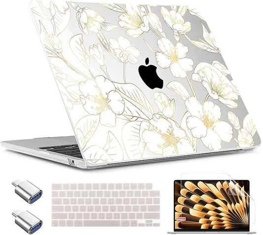 TWOLSKOO for MacBook Air 15 inch Case 2025 2024 2023 Release M4 A3241 M3 A3114 M2 A2941, Plastic Hard Shell & Screen Protector & Keyboard Cover & Type C Adapter, Gold Cherry Blossom