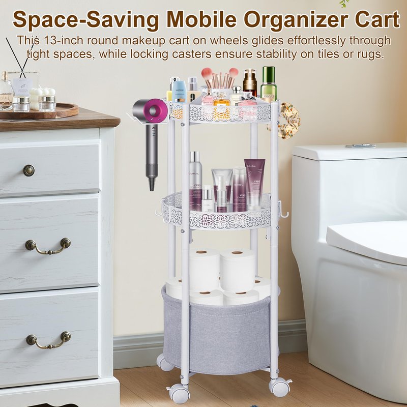 NauwaBarn 3-Tier Round Makeup Cart with Wheels, Rolling Vanity Organizer with Removable Hair Dryer Holder, Small Space Beauty Storage Cart for Skincare, Perfume, Nail Polish & Hair Tools, White