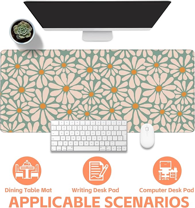 NIYLYNSYN Mouse Pad Large Boho with Daisy Flowers Non-Slip Gaming Desk Mat with Stitched Edge Laptop Keyboard Desk Pad for Work Home Gaming (35.4 x 15.7 Inches)