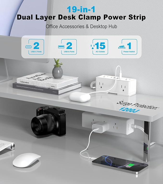 Dual Layer Desk Clamp Power Strip, Desktop Edge Mount Surge Protector with 15 AC Outlets & 4 USB Ports(20W USB-C), Ultra Thin Flat Plug & 15FT Power Cord for Office Home(ETL Listed)