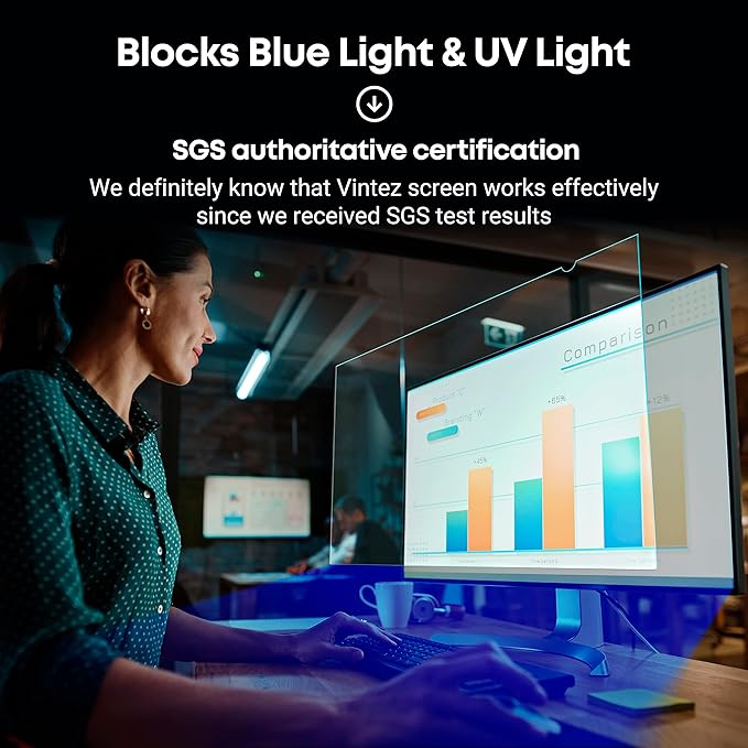VINTEZ 23 inch Blue Light Blocking Screen Protector Panel for 16:9 Widescreen Computer Monitor and Laptop - PC Anti-UV Eye Protection Filter Film - Anti-Scratch Diagonal Frame Shield [1 Pack]