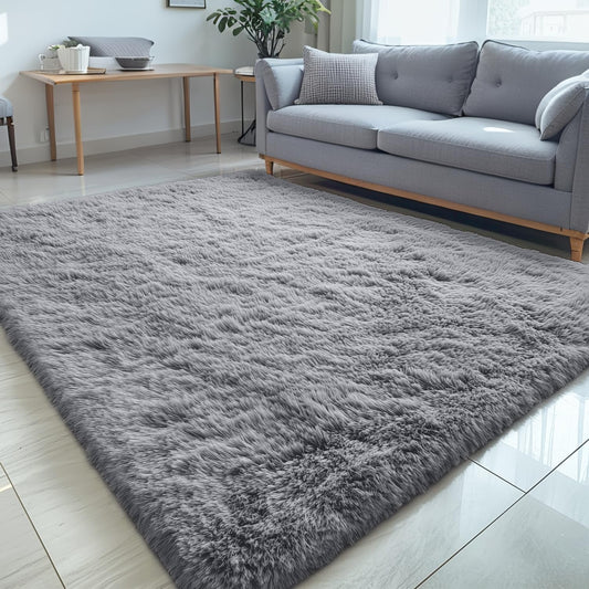 OLANLY Large 5x7 Machine Washable Area Rug - Soft Fluffy Shaggy Indoor Carpet in Light Grey for Living Room & Nursery