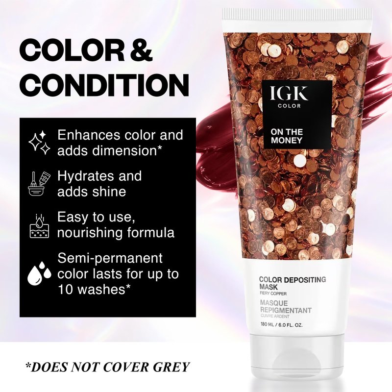 IGK On The Money | Fiery Copper Hair Gloss + Color Depositing Mask | Boost Shine, Enhance Copper Tones, Refresh Color | Semi Permanent Conditioning Treatment | Vegan | 6 oz
