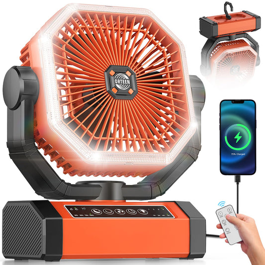Battery Powered Fan - 9-Inch Rechargeable Fan Portable, 24000mAh(60Hrs) Camping Fans for Tent, Auto Oscillation Cordless, Tent Fans for Camping with Remote/light, 4 Speeds, 4 Timing, Outdoor