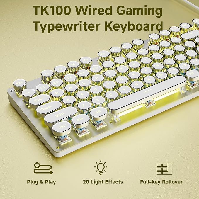 SEUNKWANG EWEADN TK100 Typewriter Style Wired Mechanical Keyboard, 104 Keys Aesthetic Typewriter Keyboard with Yellow Backlit, Anti-Ghosting, Blue Switch Cool Keyboards-White