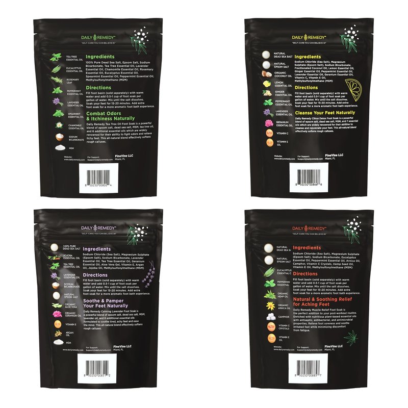 DAILY REMEDY Foot Soak Salts- Variety Pack of 4- Tea Tree Oil, Muscle Relief, Calming Lavender & Citrus Soak- For Foot Pain, Soreness, Athlete’s Foot, Odors, Calluses-Made In USA
