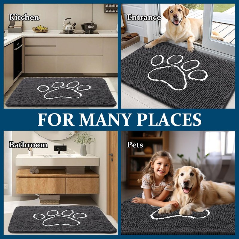OLANLY Dog Door Mat for Muddy Paws 59x24, Paw Print Design, Absorbs Moisture and Dirt, Absorbent Non-Slip Washable Doormat, Quick Dry Chenille Mud Mat for Dogs, Entry Indoor Entryway Carpet, Dark Grey