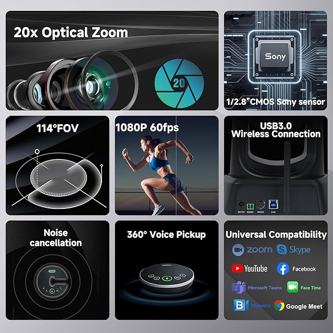 TONGVEO Wireless AI PTZ 20X Zoom Camera with Auto-Tracking: Built-in 5.8GHz Receiver for Cable-Free Setup, 1080P 60fps Conference Camera for Church Services, Online Classes & Hybrid Meetings