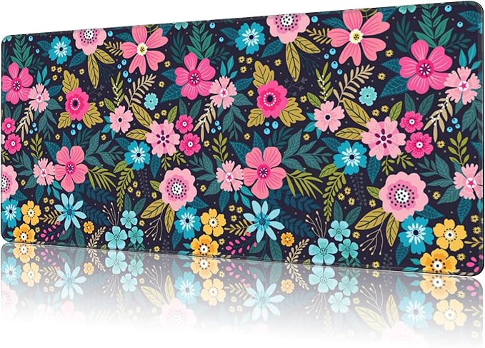 NIYLYNSYN Mouse Pad Large Bright Colorful Flowers Non-Slip Game Desk Mat with Stitched Edge Laptop Keyboard Desk Pad for Work Home Gaming (35.4 x 15.7 Inches)