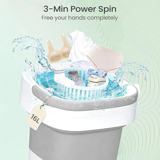 Portable Washing Machine - 16L Mini Foldable Washer with Spin Basket, 3 Cleaning Modes & Deep Cleaning for Small Clothes, Collapsible Laundry for Apartment, Home, Hotel and Travel (Gray)
