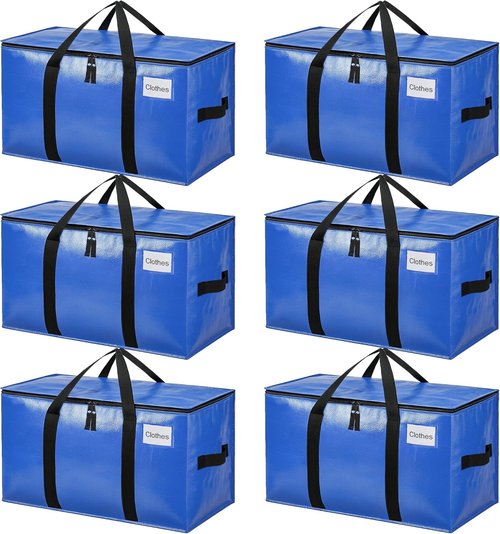 BAGAIL Heavy Duty Moving Bags - Extra Large Storage Totes with Strong Handles | 6 Pack in Blue