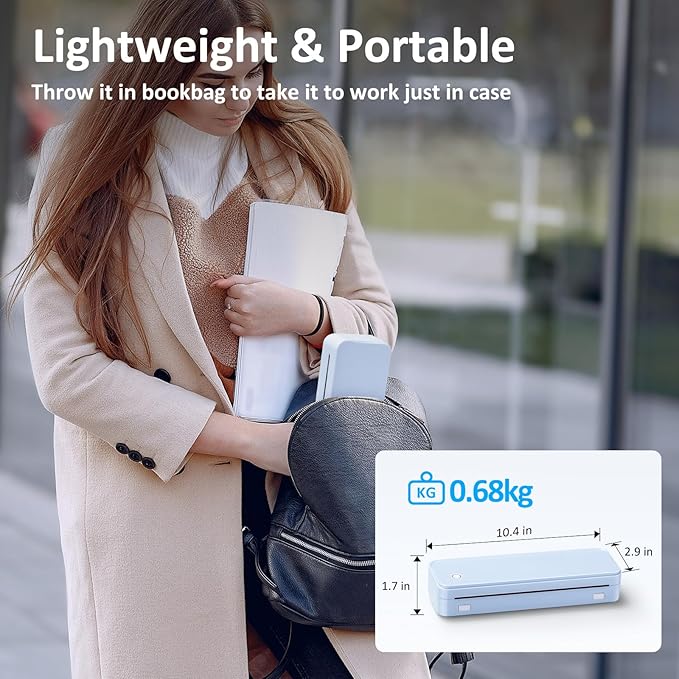 Gloryang Inkless Portable Printer for Travel, Wireless Thermal Printer Supports 8.5" x 11" US Letter Size, Bluetooth Machine Includes Carry Case and 3 Rolls of Thermal Paper Kit, Blue