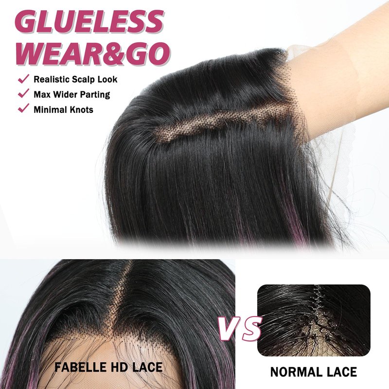 FABÉLLE Black and Pink Highlight Wig Lace Front Wigs Pre Plucked with Baby Hair Glueless Wig 26 Inch Long Straight for Women Pink Color Forehead Synthetic 13×4×1 Lace Front Wig