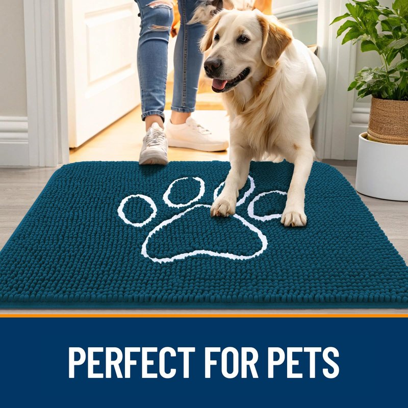 OLANLY Dog Door Mat for Muddy Paws 35x24, Paw Print Design, Absorbs Moisture and Dirt, Absorbent Non-Slip Washable Doormat, Quick Dry Chenille Mud Mat, Entry Indoor Entryway Carpet, Atlantic Blue