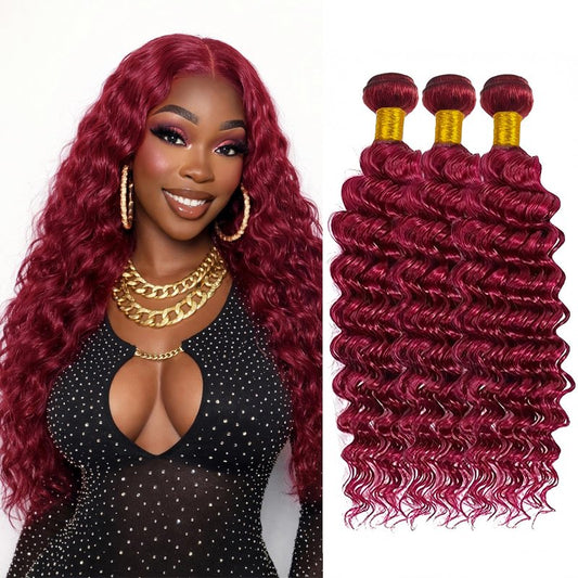 LUMWAV 99J Burgundy Deep Wave Human Hair Bundles 8 10 12 Inch 3 Bundles Brazilian Remy Hair Extensions Curly Weave Soft Bouncy Sew In for Black Women