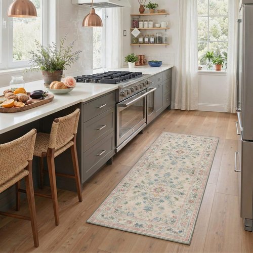 Bavni Runner Rug - Non-Slip, Washable Vintage Floral Design | 2x5 ft, Blush Beige for Hallway & More