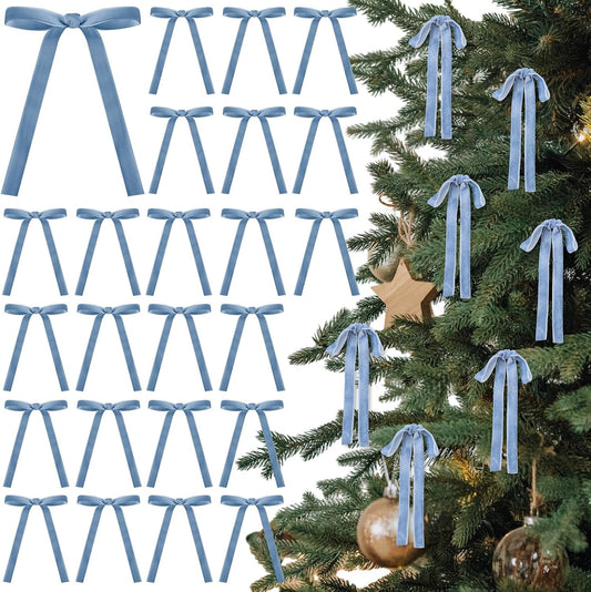 Skiennix 24 Pcs Velvet Bows - Vintage Ribbon Bows for Christmas Tree & Crafts | Dusty Blue, 5 x 7 Inch
