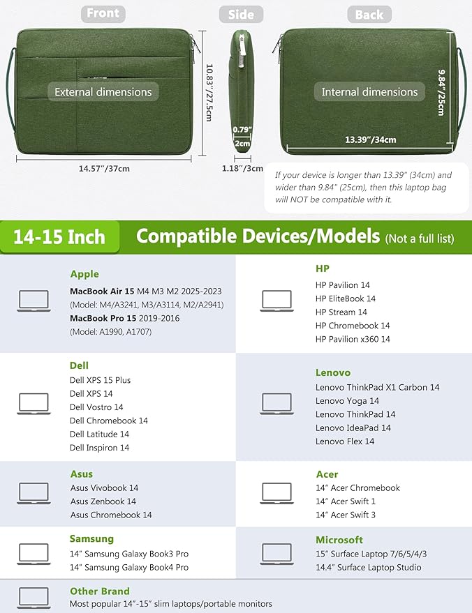 HYZUO 14-15 Inch Laptop Sleeve Bag for MacBook Air 15 M5 A3448 M4 M3 M2 2026-2023, MacBook Pro 15, 15" Surface Laptop, XPS 14/15 Plus, NoteBook Case for 14" HP Dell Lenovo Asus Acer, Grass Green