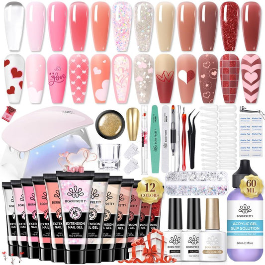BORN PRETTY Poly Extension Gel Kit-12 Colors Extension Nail Gel Kit Nude Clear Jelly Pink All-In-1 Kit Builder Glue with Nail Lamp Base Top Coat Set Nail Forms French Manicure Ideal Gifts
