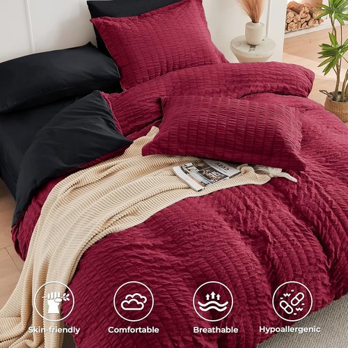 HYMOKEGE Queen Comforter Set - Red & Black Seersucker 7-Piece Luxury Bedding Set | All-Season Comfort