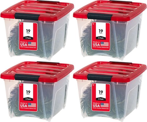 IRIS USA Stackable Plastic Storage Bins - 19 Qt, BPA-Free, Durable, See-Through, 4 Pack - Red